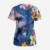 Hawaiian Lei Day Plumeria Humpback Whales Scrub Top Polynesian Art Vibrant Starry Nebula Style LT03 - Polynesian Pride