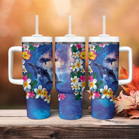 Hawaiian Lei Day Plumeria Humpback Whales Tumbler With Handle Polynesian Art Vibrant Starry Nebula Style LT03 - Polynesian Pride