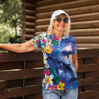 Hawaiian Lei Day Plumeria Humpback Whales Women Polo Shirt Polynesian Art Vibrant Starry Nebula Style LT03 - Polynesian Pride