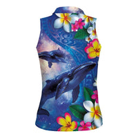 Hawaiian Lei Day Plumeria Humpback Whales Women Sleeveless Polo Shirt Polynesian Art Vibrant Starry Nebula Style LT03 - Polynesian Pride