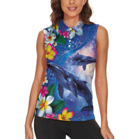 Hawaiian Lei Day Plumeria Humpback Whales Women Sleeveless Polo Shirt Polynesian Art Vibrant Starry Nebula Style LT03 - Polynesian Pride