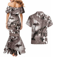 Hawaiian Lei Day Plumeria Humpback Whales Couples Matching Mermaid Dress and Hawaiian Shirt Polynesian Art Vibrant Starry Nebula Grayscale Style LT03 - Polynesian Pride