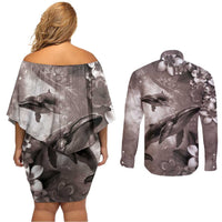 Hawaiian Lei Day Plumeria Humpback Whales Couples Matching Off Shoulder Short Dress and Long Sleeve Button Shirt Polynesian Art Vibrant Starry Nebula Grayscale Style LT03 - Polynesian Pride