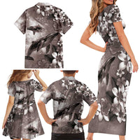 Hawaiian Lei Day Plumeria Humpback Whales Family Matching Short Sleeve Bodycon Dress and Hawaiian Shirt Polynesian Art Vibrant Starry Nebula Grayscale Style LT03 - Polynesian Pride