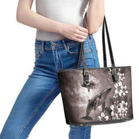 Hawaiian Lei Day Plumeria Humpback Whales Leather Tote Bag Polynesian Art Vibrant Starry Nebula Grayscale Style LT03 - Polynesian Pride
