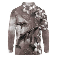 Hawaiian Lei Day Plumeria Humpback Whales Long Sleeve Polo Shirt Polynesian Art Vibrant Starry Nebula Grayscale Style LT03 - Polynesian Pride