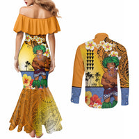 Happy Lei Day Couples Matching Mermaid Dress and Long Sleeve Button Shirt Hula Male Dancer Polynesian Flower Kakau Pattern