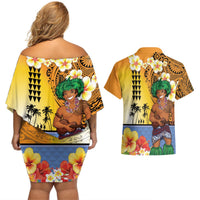 Happy Lei Day Couples Matching Off Shoulder Short Dress and Hawaiian Shirt Hula Male Dancer Polynesian Flower Kakau Pattern LT03 - Polynesian Pride