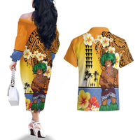 Happy Lei Day Couples Matching Off The Shoulder Long Sleeve Dress and Hawaiian Shirt Hula Male Dancer Polynesian Flower Kakau Pattern LT03 - Polynesian Pride