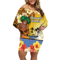 Happy Lei Day Family Matching Off Shoulder Short Dress and Hawaiian Shirt Hula Male Dancer Polynesian Flower Kakau Pattern LT03 Mom's Dress Yellow - Polynesian Pride