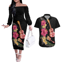 Ukulele mix Polynesian Flower Couples Matching Off The Shoulder Long Sleeve Dress and Hawaiian Shirt Hawaiian Tribal Pattern LT03 Black - Polynesian Pride