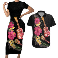 Ukulele mix Polynesian Flower Couples Matching Short Sleeve Bodycon Dress and Hawaiian Shirt Hawaiian Tribal Pattern LT03 Black - Polynesian Pride