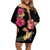 Ukulele mix Polynesian Flower Family Matching Off Shoulder Short Dress and Hawaiian Shirt Hawaiian Tribal Pattern LT03 Mom's Dress Black - Polynesian Pride