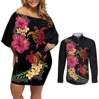 Hawaiian Flower and Tribal Turtle Couples Matching Off Shoulder Short Dress and Long Sleeve Button Shirt Colorful Style