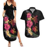 Hawaiian Flower and Tribal Turtle Couples Matching Summer Maxi Dress and Hawaiian Shirt Colorful Style