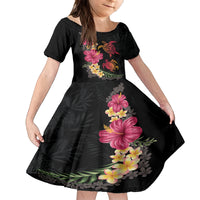 Hawaiian Flower and Tribal Turtle Family Matching Puletasi and Hawaiian Shirt Colorful Style LT03 Daughter's Dress Black - Polynesian Pride