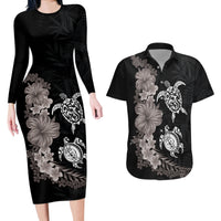 Hawaiian Flower and Tribal Turtle Couples Matching Long Sleeve Bodycon Dress and Hawaiian Shirt Grayscale Mode