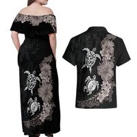 Hawaiian Flower and Tribal Turtle Couples Matching Off Shoulder Maxi Dress and Hawaiian Shirt Grayscale Mode LT03 - Polynesian Pride