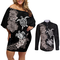 Hawaiian Flower and Tribal Turtle Couples Matching Off Shoulder Short Dress and Long Sleeve Button Shirt Grayscale Mode
