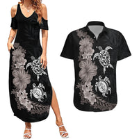 Hawaiian Flower and Tribal Turtle Couples Matching Summer Maxi Dress and Hawaiian Shirt Grayscale Mode