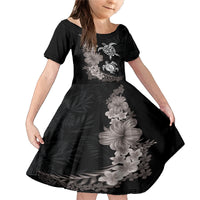 Hawaiian Flower and Tribal Turtle Family Matching Mermaid Dress and Hawaiian Shirt Grayscale Mode LT03 Daughter's Dress Black - Polynesian Pride