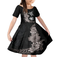 Hawaiian Flower and Tribal Turtle Family Matching Puletasi and Hawaiian Shirt Grayscale Mode LT03 Daughter's Dress Black - Polynesian Pride