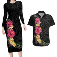 Hawaiian Plumeria and Hibiscus Couples Matching Long Sleeve Bodycon Dress and Hawaiian Shirt Colorful Style LT03 Black - Polynesian Pride