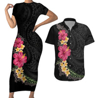 Hawaiian Plumeria and Hibiscus Couples Matching Short Sleeve Bodycon Dress and Hawaiian Shirt Colorful Style LT03 Black - Polynesian Pride