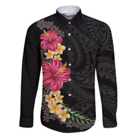 Hawaiian Plumeria and Hibiscus Family Matching Off Shoulder Short Dress and Hawaiian Shirt Colorful Style LT03 Dad's Shirt - Long Sleeve Black - Polynesian Pride