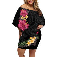 Hawaiian Plumeria and Hibiscus Family Matching Off Shoulder Short Dress and Hawaiian Shirt Colorful Style LT03 Mom's Dress Black - Polynesian Pride