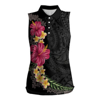 Hawaiian Plumeria and Hibiscus Women Sleeveless Polo Shirt Colorful Style LT03 Female Black - Polynesian Pride