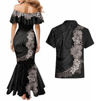 Hawaiian Plumeria and Hibiscus Couples Matching Mermaid Dress and Hawaiian Shirt Grayscale Mode LT03 - Polynesian Pride