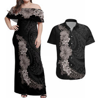 Hawaiian Plumeria and Hibiscus Couples Matching Off Shoulder Maxi Dress and Hawaiian Shirt Grayscale Mode LT03 Black - Polynesian Pride