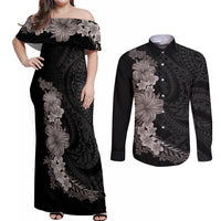 Hawaiian Plumeria and Hibiscus Couples Matching Off Shoulder Maxi Dress and Long Sleeve Button Shirt Grayscale Mode