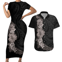 Hawaiian Plumeria and Hibiscus Couples Matching Short Sleeve Bodycon Dress and Hawaiian Shirt Grayscale Mode LT03 Black - Polynesian Pride