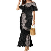 Hawaiian Plumeria and Hibiscus Family Matching Mermaid Dress and Hawaiian Shirt Grayscale Mode LT03 Mom's Dress Black - Polynesian Pride