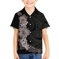 Hawaiian Plumeria and Hibiscus Family Matching Off Shoulder Maxi Dress and Hawaiian Shirt Grayscale Mode