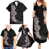 Hawaiian Plumeria and Hibiscus Family Matching Summer Maxi Dress and Hawaiian Shirt Grayscale Mode LT03 - Polynesian Pride