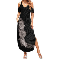 Hawaiian Plumeria and Hibiscus Family Matching Summer Maxi Dress and Hawaiian Shirt Grayscale Mode LT03 Mom's Dress Black - Polynesian Pride