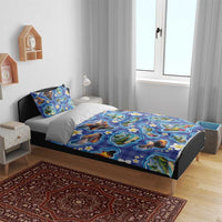 Hawaiian Island Shapes-Iconic Landscape Bedding Set with Plumeria and Palaka Blue Color