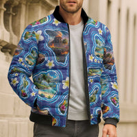 Hawaiian Island Shapes-Iconic Landscape Bomber Puffer Jacket with Plumeria and Palaka Blue Color
