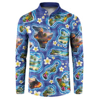 Hawaiian Island Shapes-Iconic Landscape Button Sweatshirt with Plumeria and Palaka Blue Color