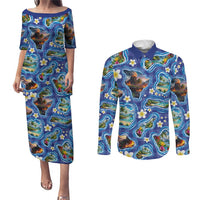Hawaiian Island Shapes-Iconic Landscape Couples Matching Puletasi and Long Sleeve Button Shirt with Plumeria and Palaka Blue Color LT03 Blue - Polynesian Pride