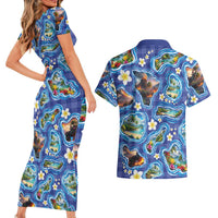 Hawaiian Island Shapes-Iconic Landscape Couples Matching Short Sleeve Bodycon Dress and Hawaiian Shirt with Plumeria and Palaka Blue Color LT03 - Polynesian Pride