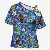 Hawaiian Island Shapes-Iconic Landscape Cross Shoulder Shirt with Plumeria and Palaka Blue Color LT03 Female Blue - Polynesian Pride