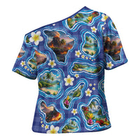 Hawaiian Island Shapes-Iconic Landscape Cross Shoulder Shirt with Plumeria and Palaka Blue Color LT03 - Polynesian Pride