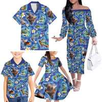 Hawaiian Island Shapes-Iconic Landscape Family Matching Off The Shoulder Long Sleeve Dress and Hawaiian Shirt with Plumeria and Palaka Blue Color LT03 - Polynesian Pride