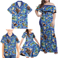 Hawaiian Island Shapes-Iconic Landscape Family Matching Off Shoulder Maxi Dress and Hawaiian Shirt with Plumeria and Palaka Blue Color LT03 - Polynesian Pride