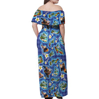 Hawaiian Island Shapes-Iconic Landscape Family Matching Off Shoulder Maxi Dress and Hawaiian Shirt with Plumeria and Palaka Blue Color LT03 - Polynesian Pride