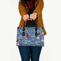 Hawaiian Island Shapes-Iconic Landscape Leather Bag with Plumeria and Palaka Blue Color LT03 - Polynesian Pride